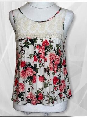 Floral Lace Yoke Sleeveless Tank Top - White with Pink Roses